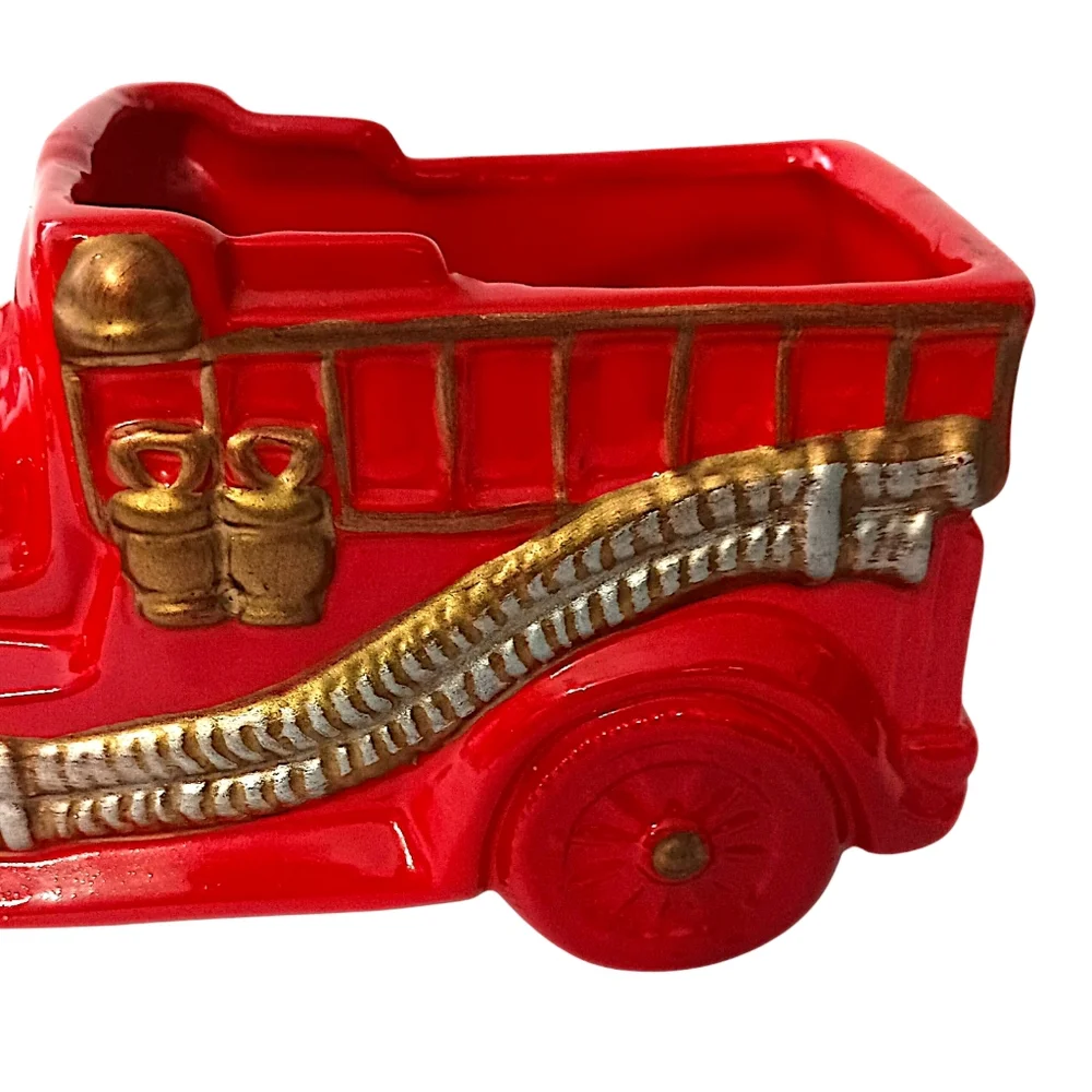Vintage Fire Truck Planter Ceramic Red Kids Room Firetruck Nursery Decor Storage